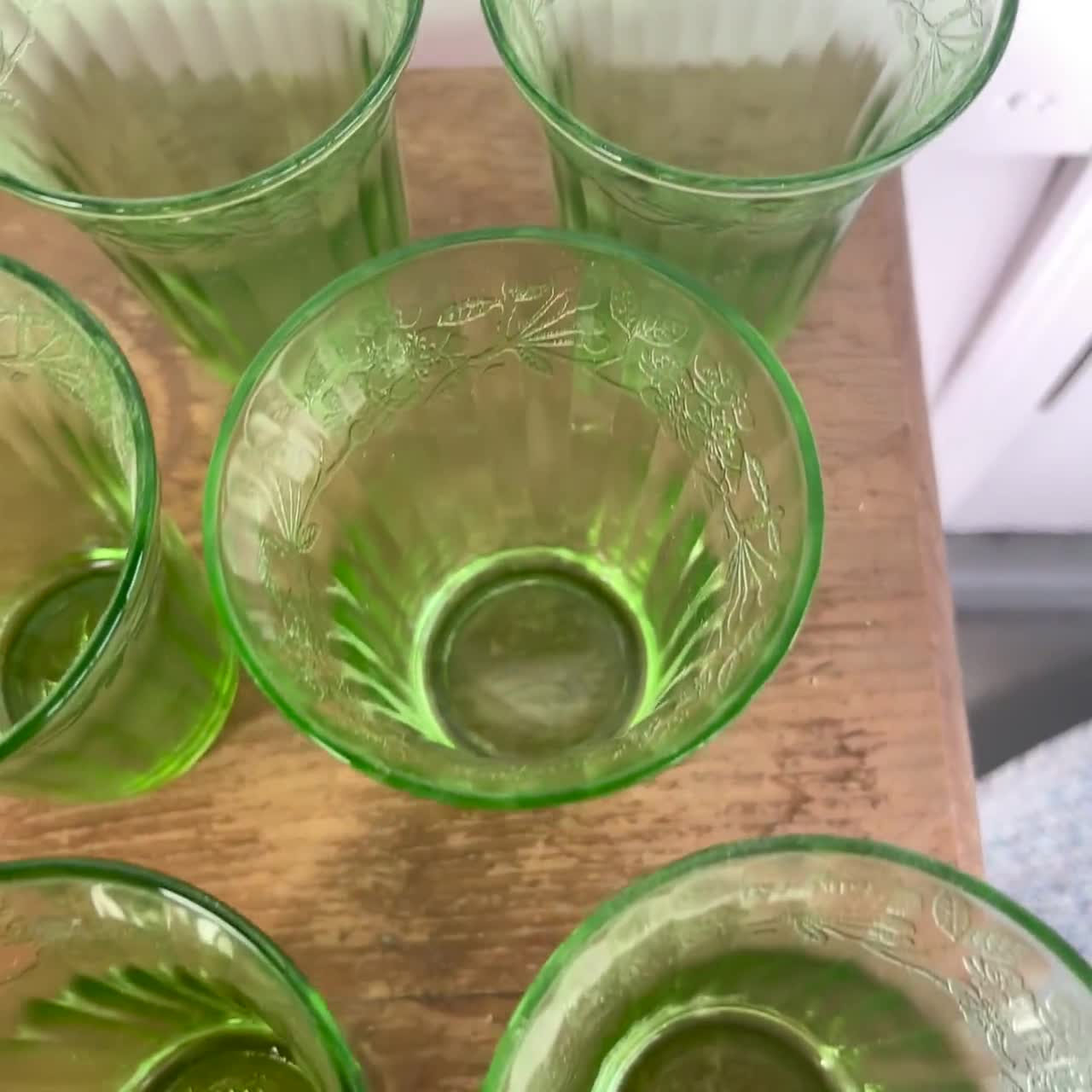 Vintage Green Uranium Depression Glass Flat Pitcher and Set of Six