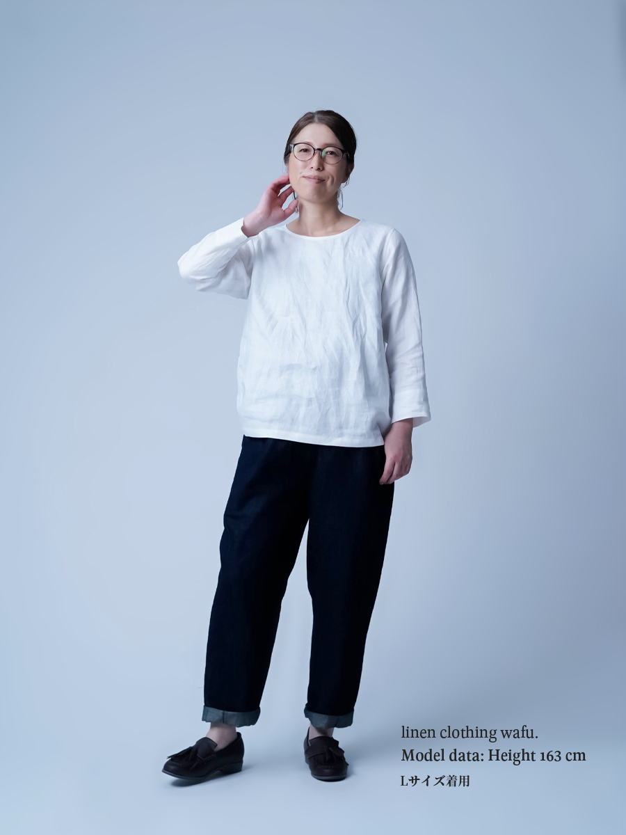 プレミアム】リネントップス 丸首 トップス 薄地 ／ ホワイト p012g-wht1