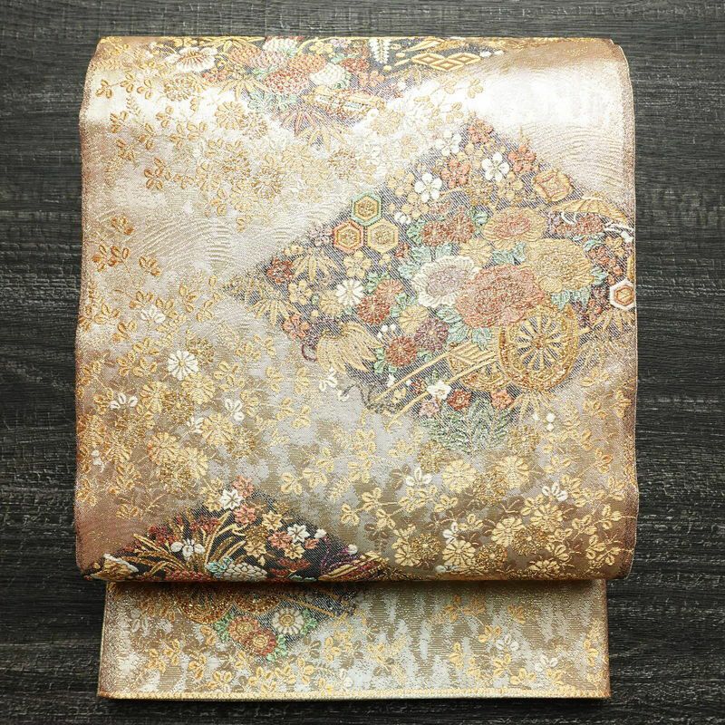 袋帯 本金二重箔 扇面花鳥 文六通柄 良品 フォーマル用 正絹 古典柄 箔