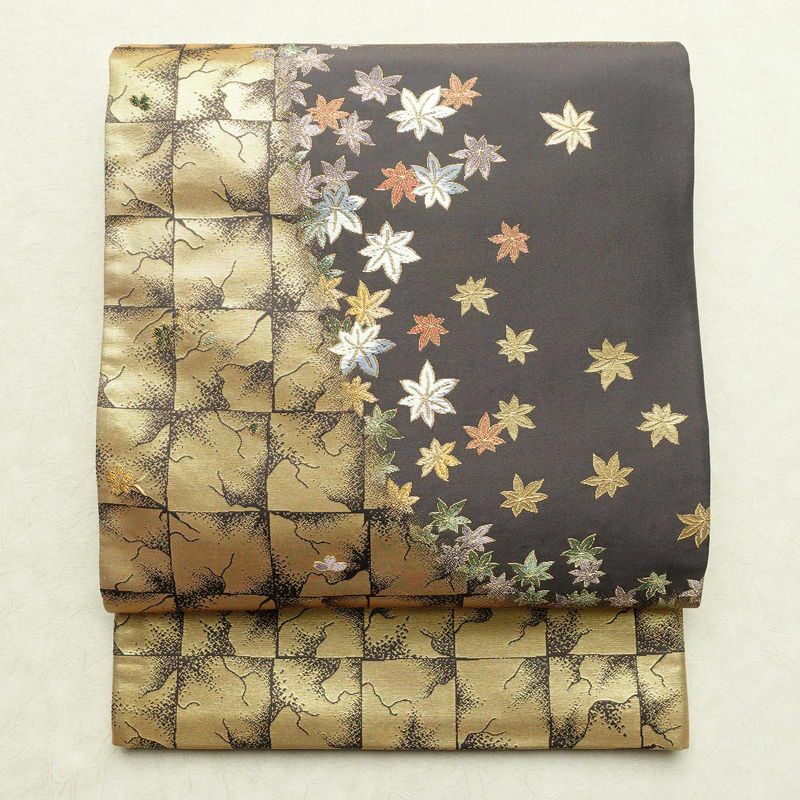 袋帯 六通柄 良品 フォーマル用 正絹 古典柄 箔 金糸 菊 波 帯 黒 | 六