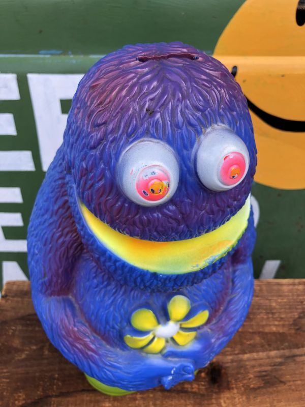 70s Vintage Play Pal Blue Hippie Monster Coin Bank Yellow (C069