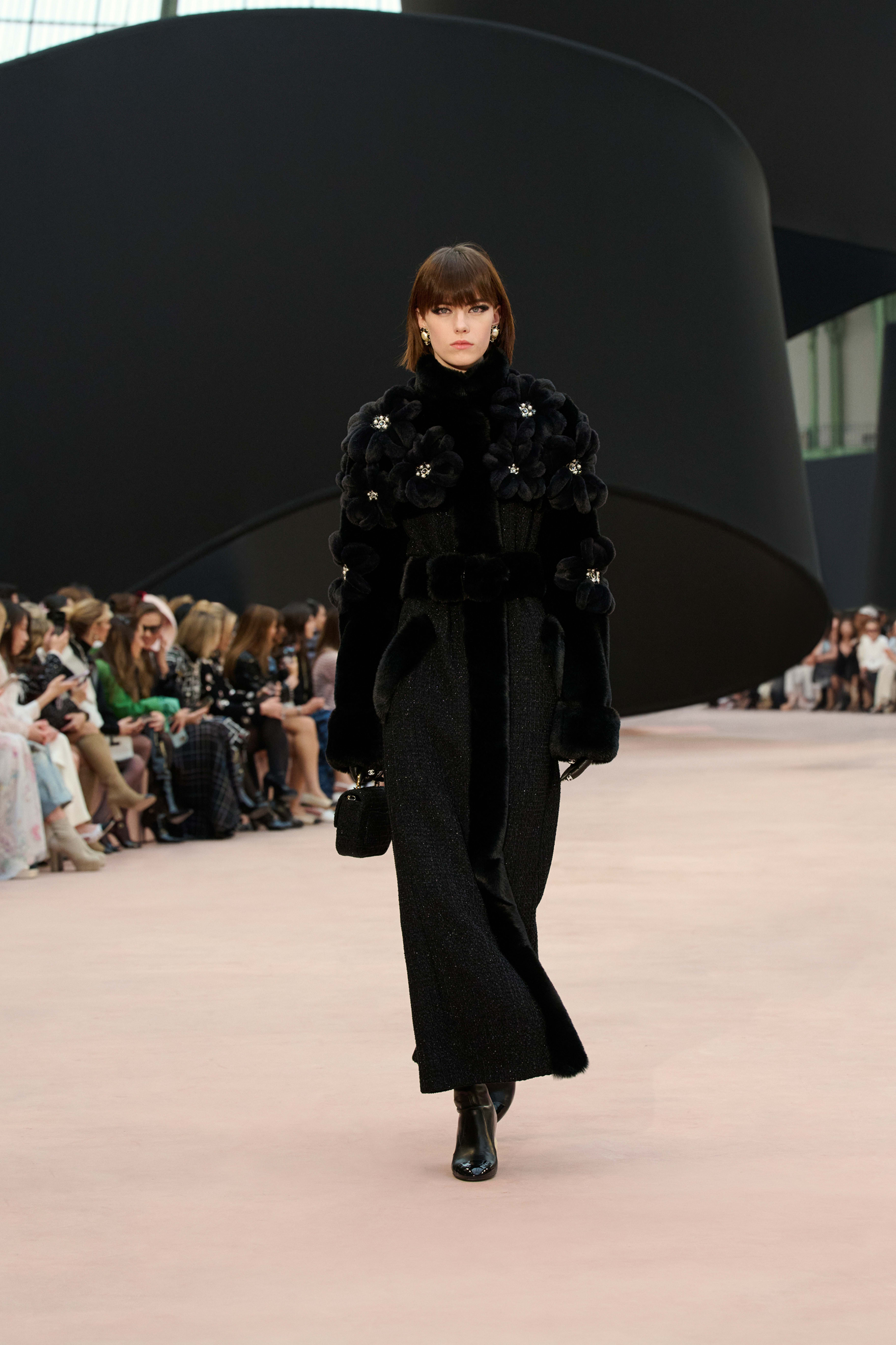 コート - クリスタル エンブロイダリー コットン ツイード、ブラック