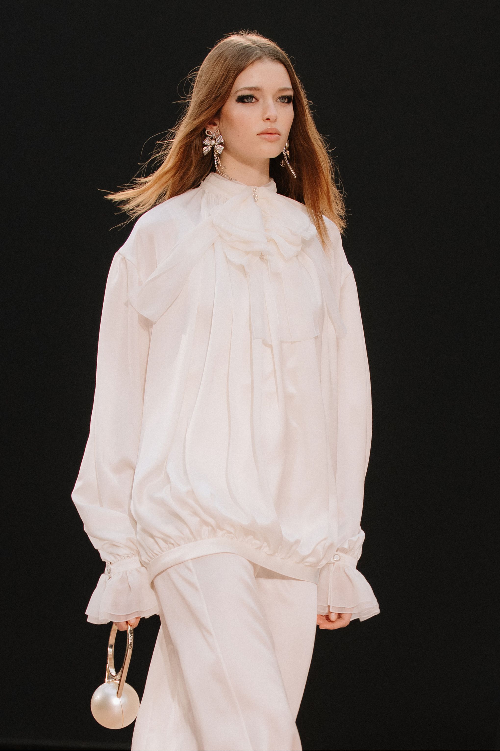 Long-sleeved blouse - Silk satin embroidered with imitation pearls