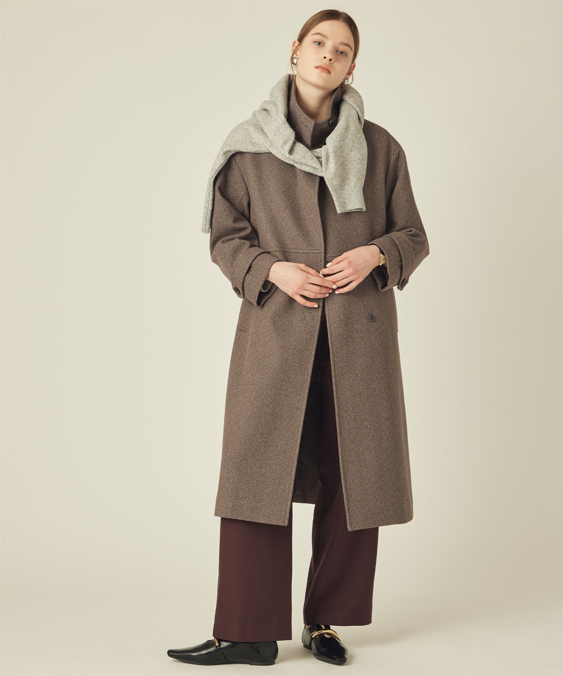 フェイクウールスタンドカラーロングコート LE SOUK HOLIDAY｜クロス