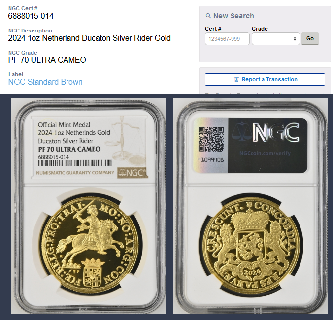 2024年 オランダ シルバーライダー リストライク 1oz金貨 箱付【PF70