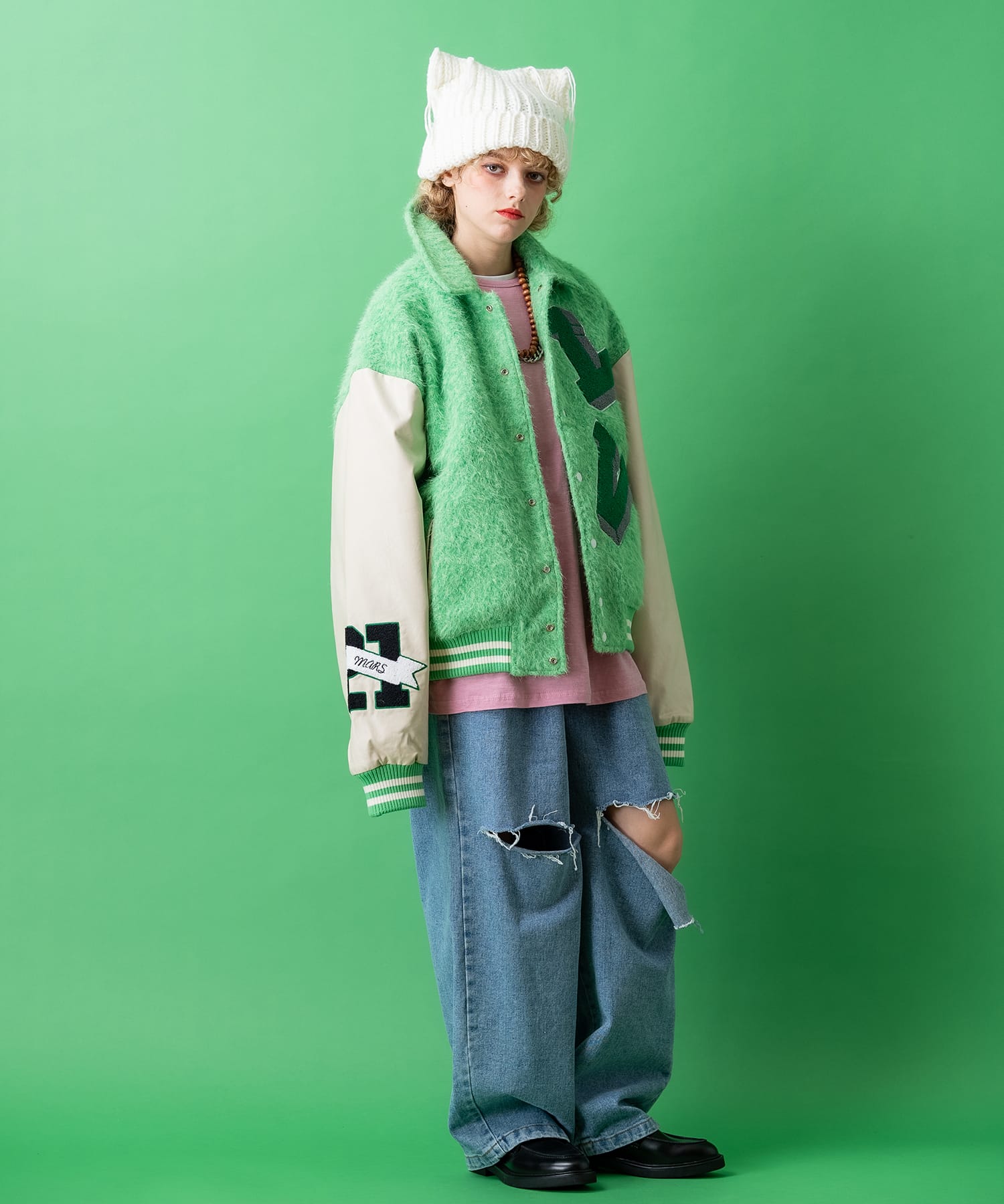 ボアファー×合成皮革コンビオーバーサイズスタジャン / メンズ