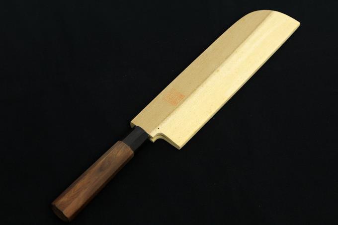 鉄剱良政) 鎌型薄刃包丁 八寸 245mm 霞 紋鍛錬 水牛八角柄 白鞘・箱付