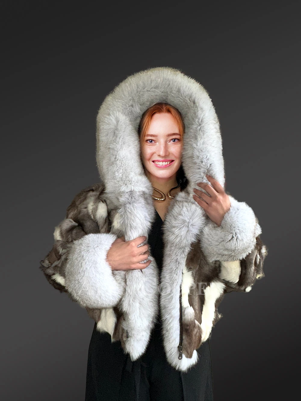 Womens Fox Fur Patterned Jacket with Stylish Hood and Cuffs