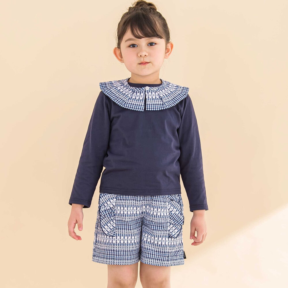 お揃い】ギンガムチェック付け襟Tシャツ+パンツセット(80~130cm)(80cm