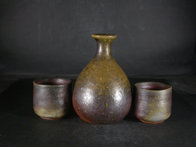 備前焼 登窯 備前焼ベテラン作家 松嶋 勉 共箱付き黄ゴマ酒器セット3