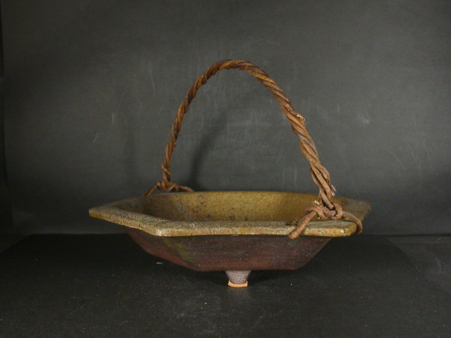 備前焼 登窯 岡山県無形文化財 故浦上 善次 四方桟共箱・色紙付き窯変