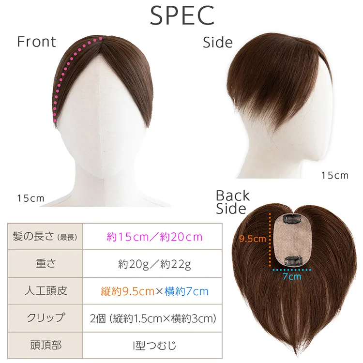 マシンメイド人毛100%トップヘアピース 分け目タイプ（ポイント/医療用