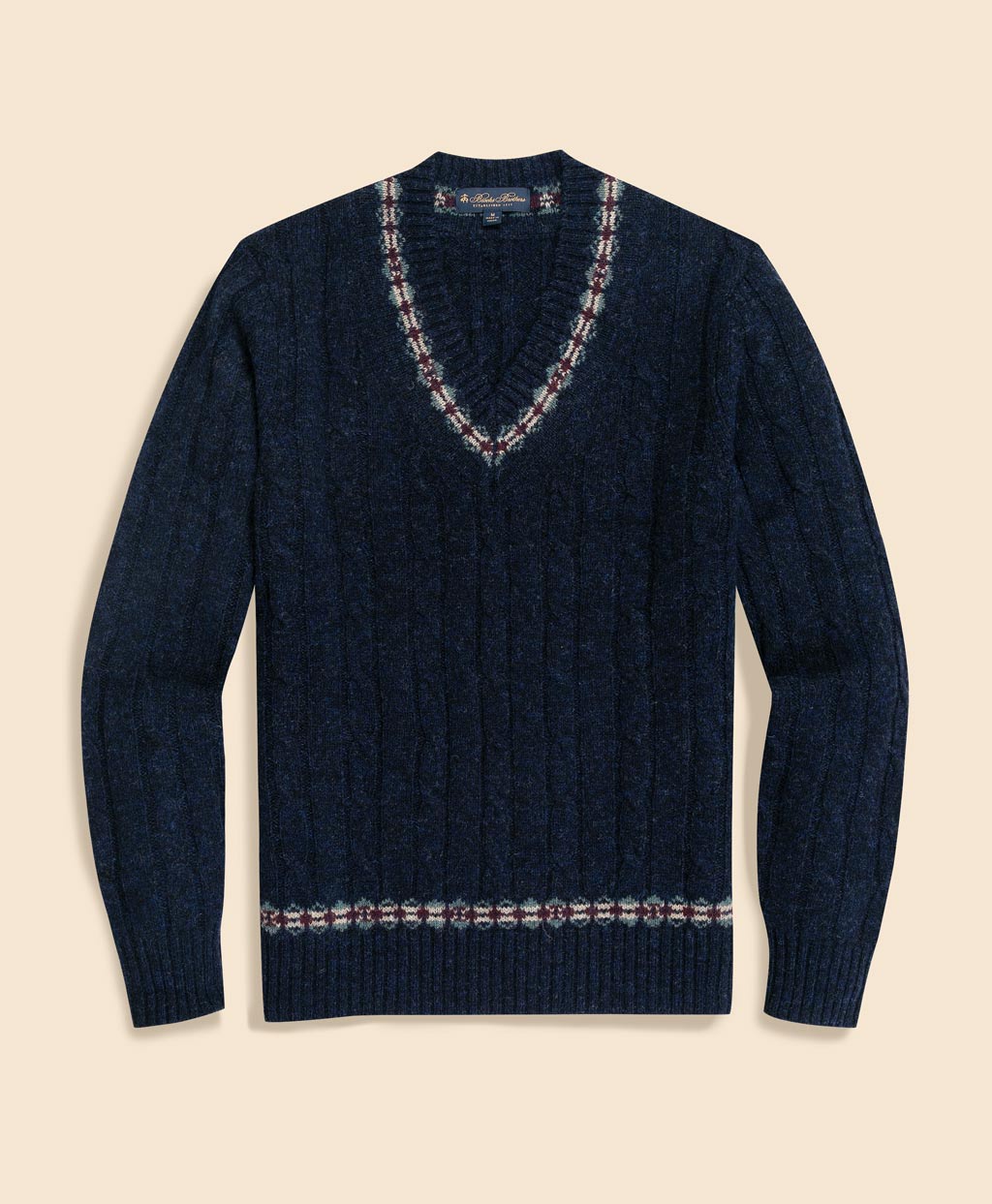 ウール ケーブル フェアアイルトリム Vネックテニスセーター | Brooks