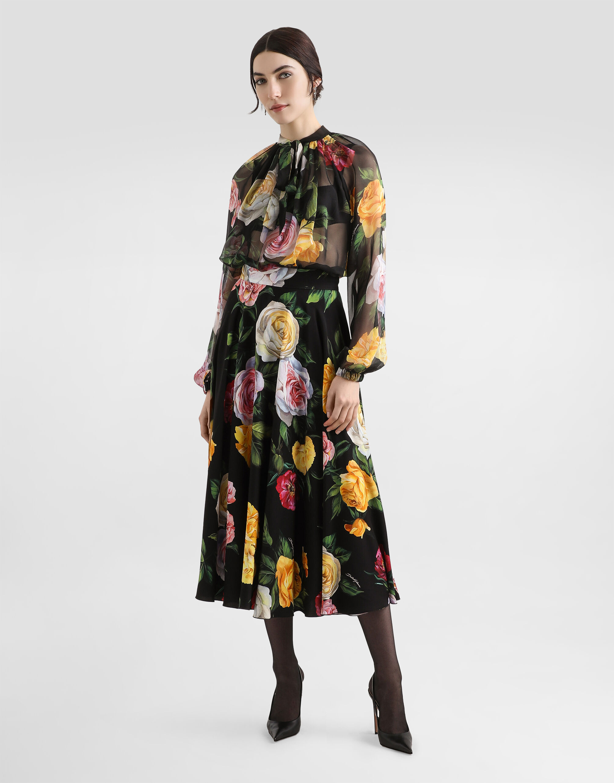 Peony and rose-print charmeuse calf-length circle skirt in Print
