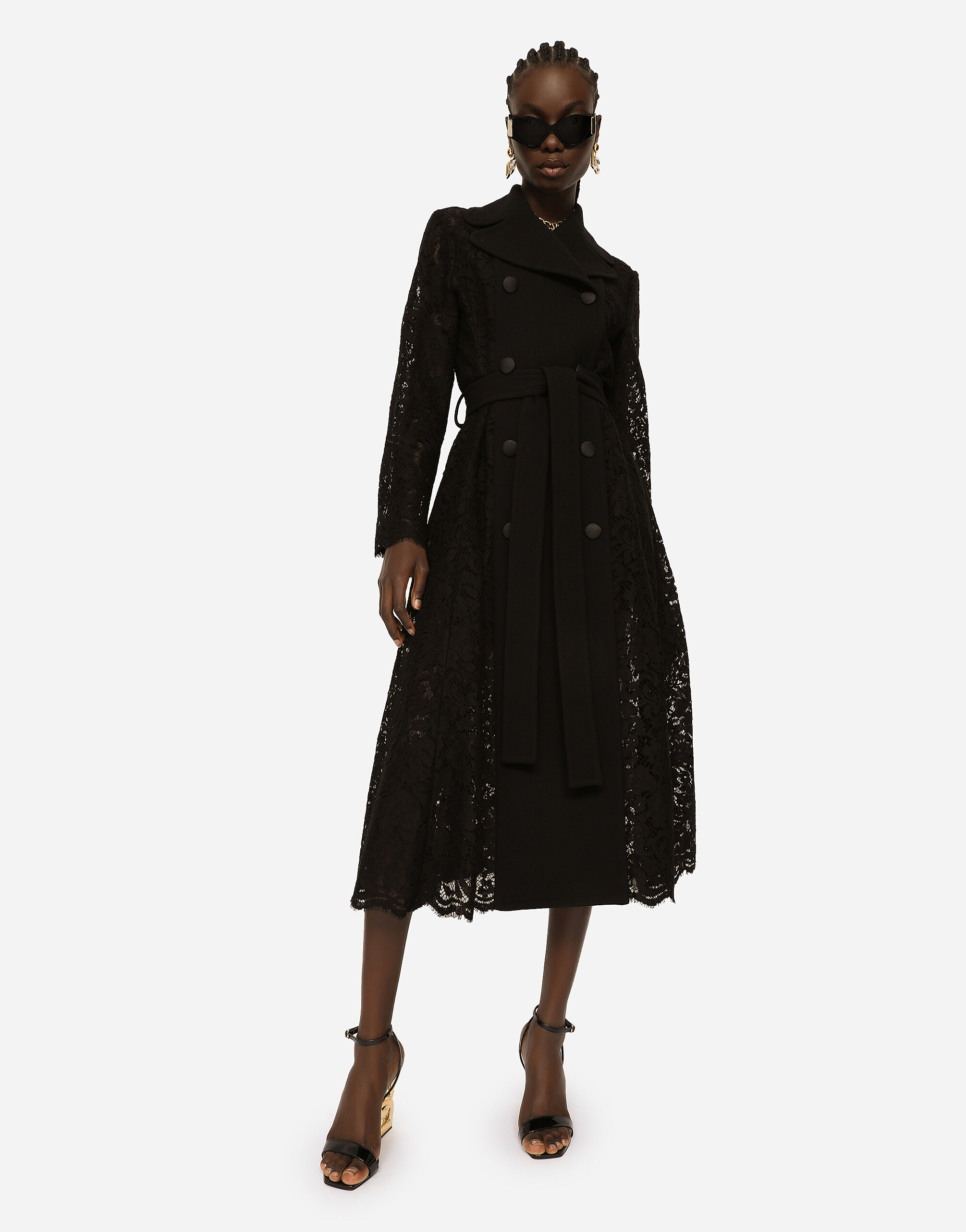 Belted double-breasted crepe and lace coat in Black for Women