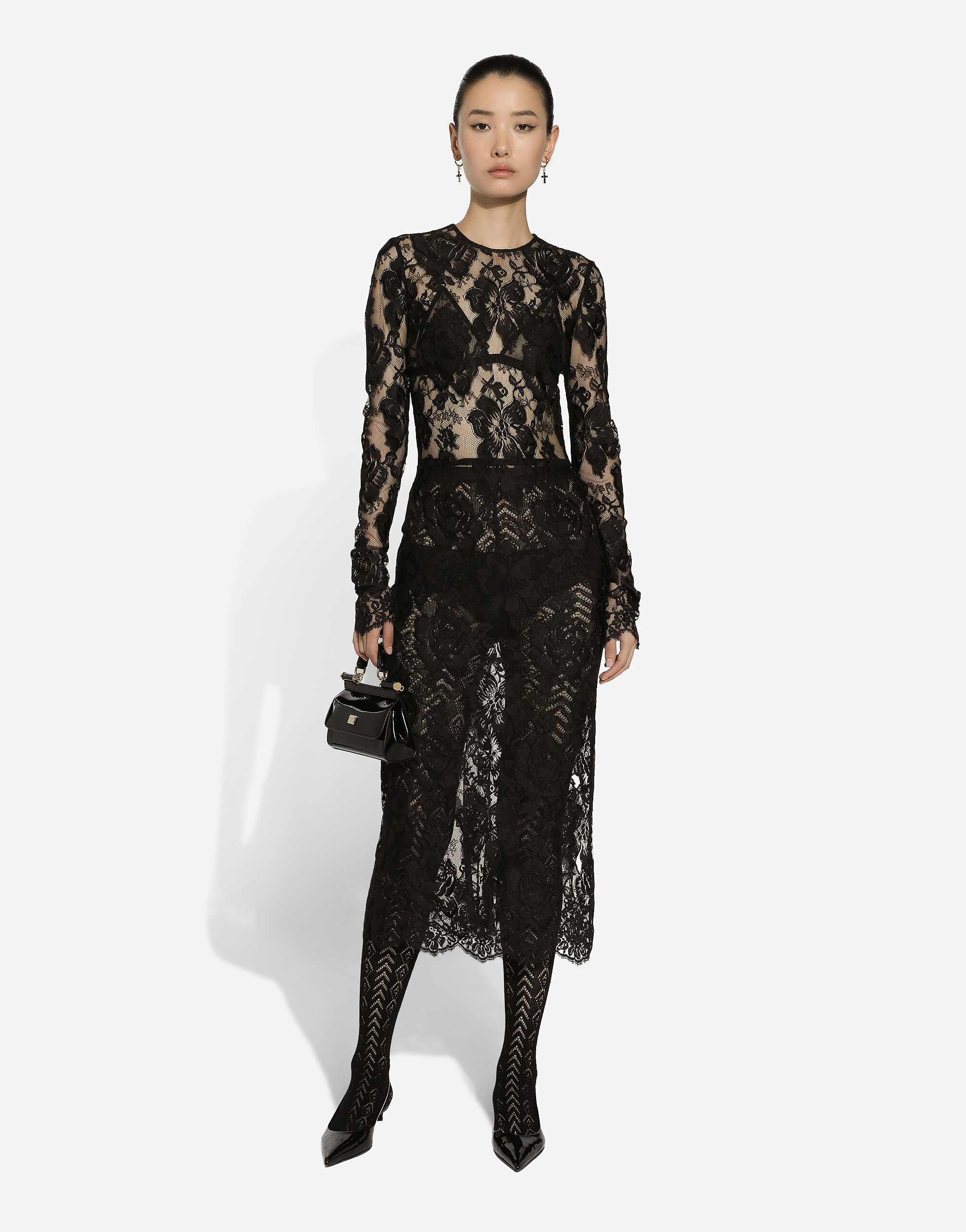 Calf-length floral lace dress in Black for Women | Dolce&Gabbana® US