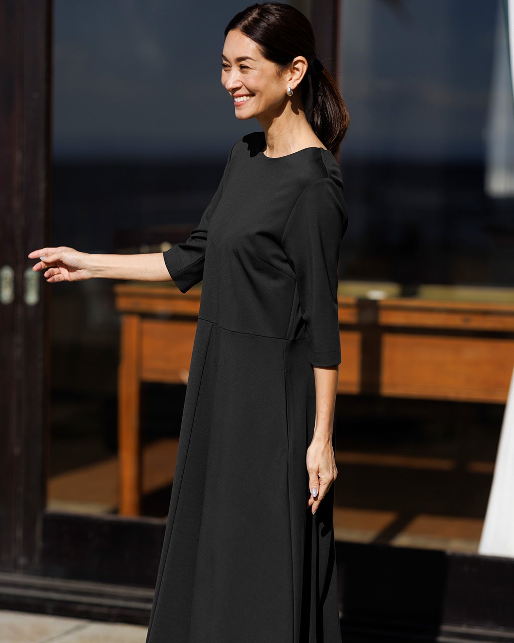 ソフトポンチ・Aライン7分袖ワンピース/DoCLASSE