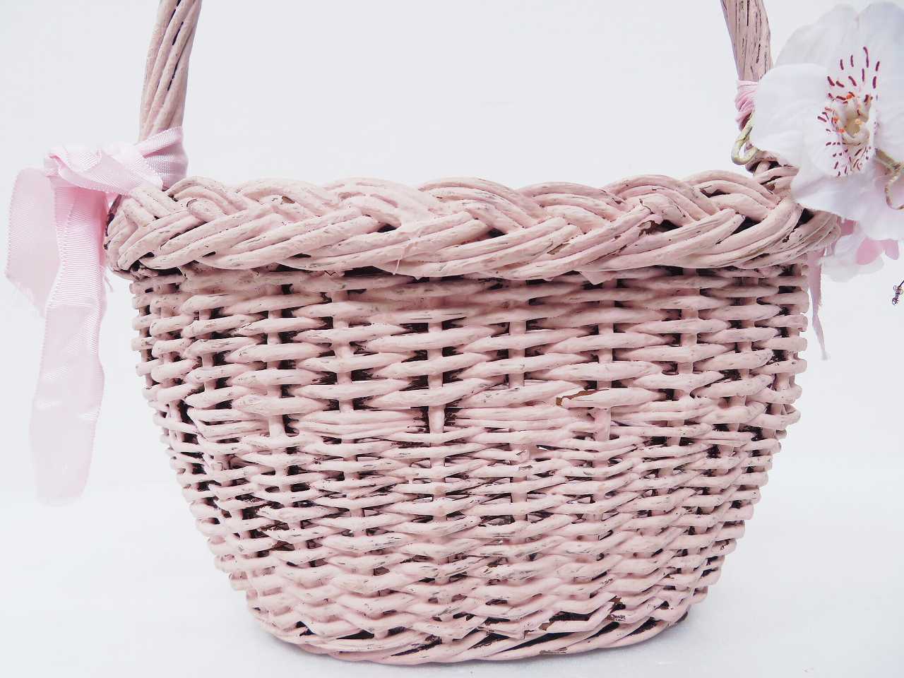 ピンク リボンフラワーバスケット - 薔薇と天使のアンティーク