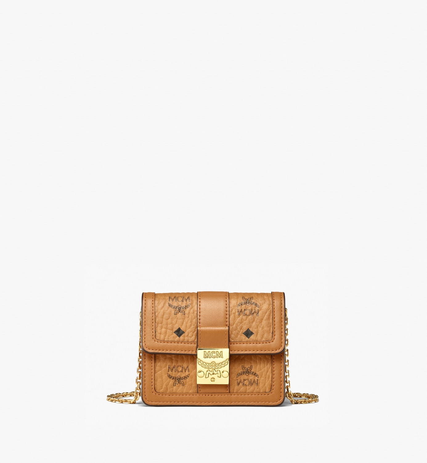 MCM“ヴィセトス柄×なめらかレザー”のバッグ、ゴールドチェーン付き