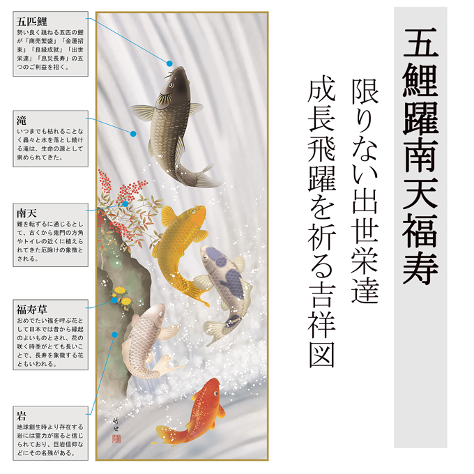 五鯉躍南天福寿 田村竹世 尺三 【特価 】日本製！ 開運画 - 掛け軸