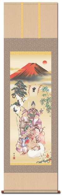 吉祥七福降臨図 長江桂舟 尺三 【特価 】！ 七福神 - 掛け軸（掛軸