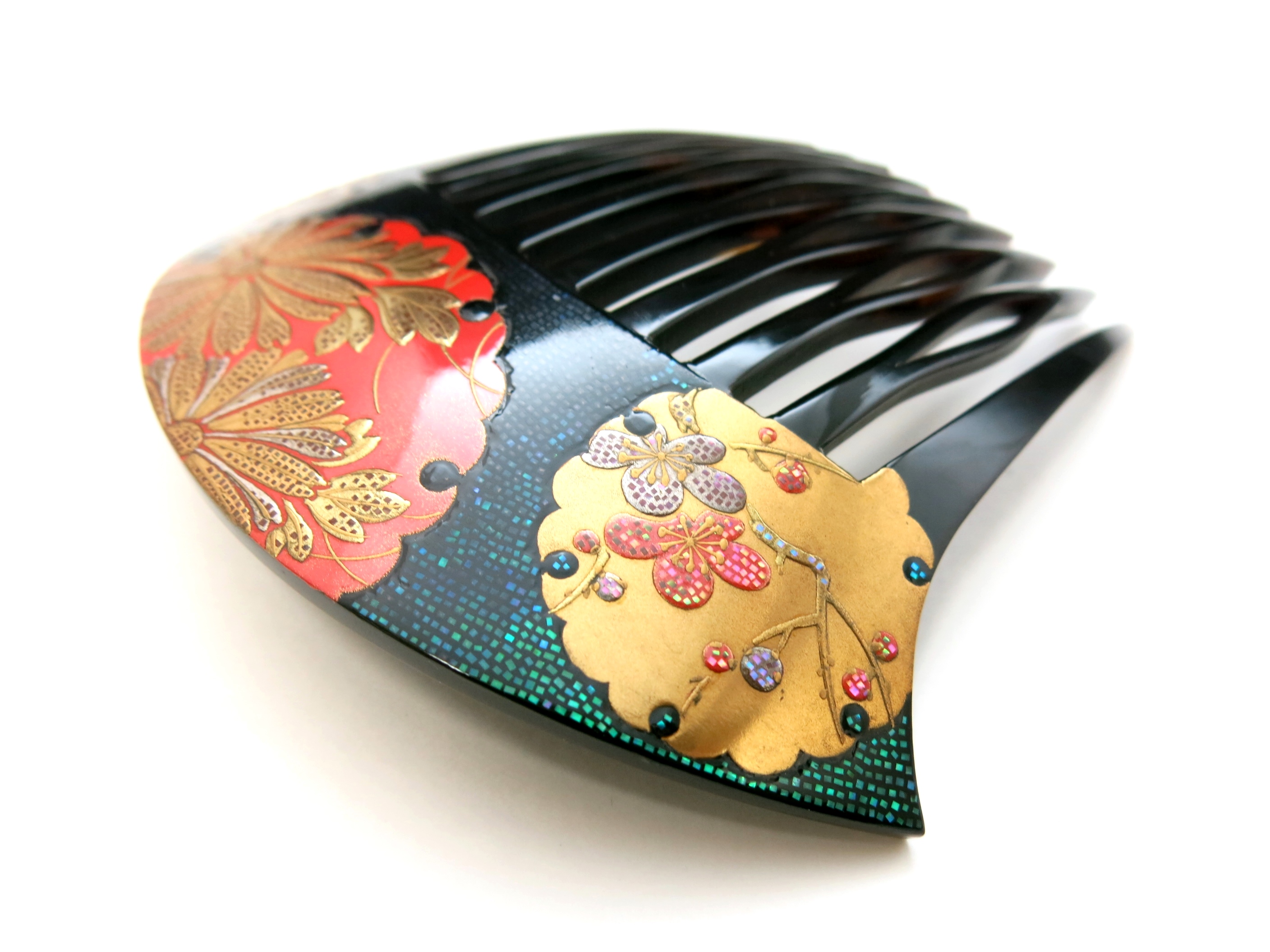 大変見事なべっ甲螺鈿金蒔絵の櫛｜雪輪に梅、菊、蘭文様。今日、殆ど