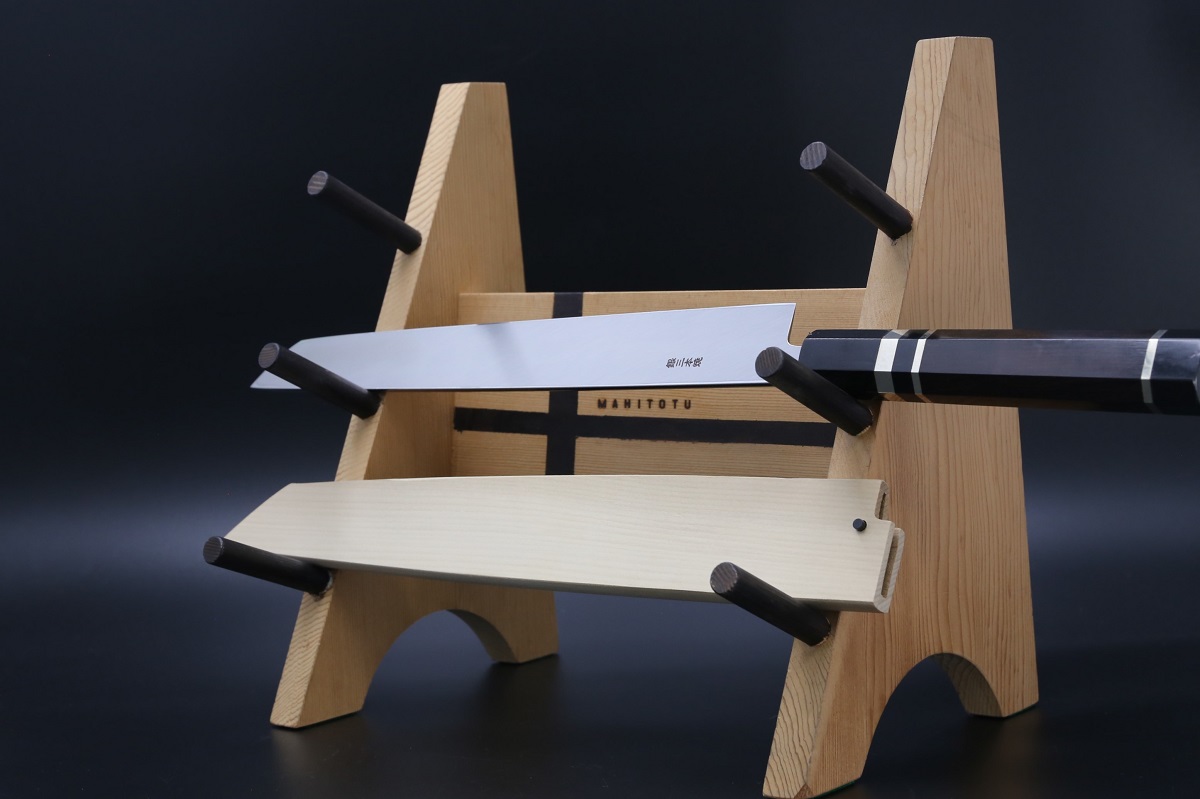 先丸蛸引 銀三本焼 300mm 平鏡面 黒檀柄 鞘付き【左利き用】-歌舞伎ナイフ