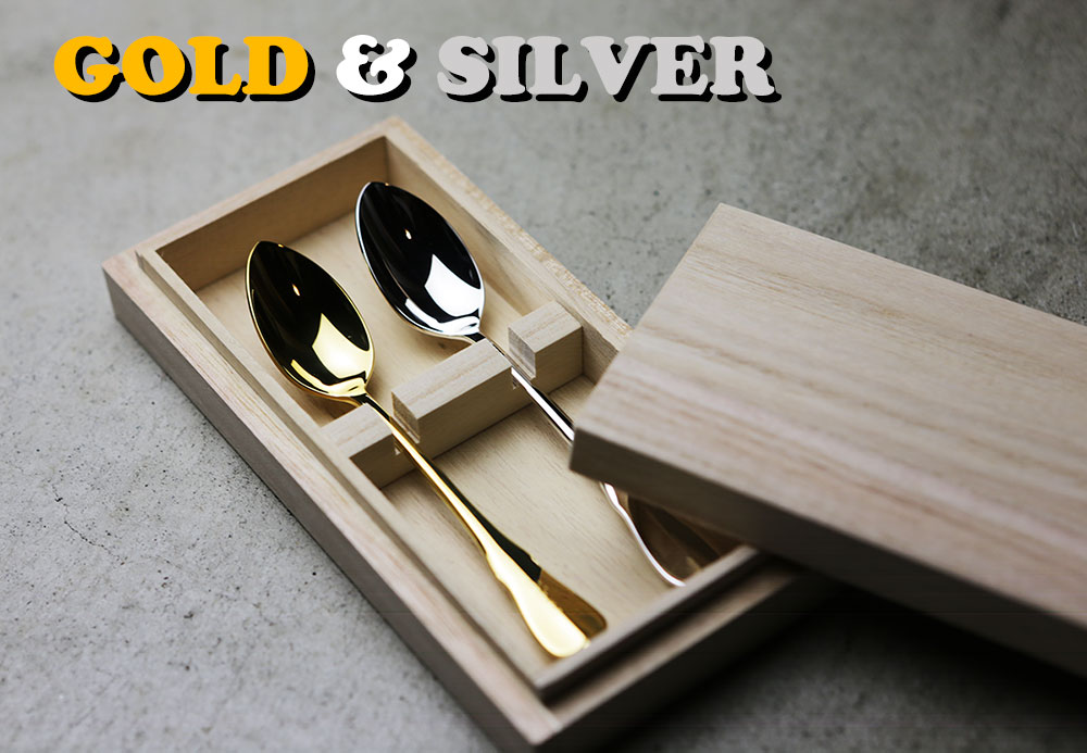 名入れ24Kコート金のスプーンとシルバー950銀のスプーンセット