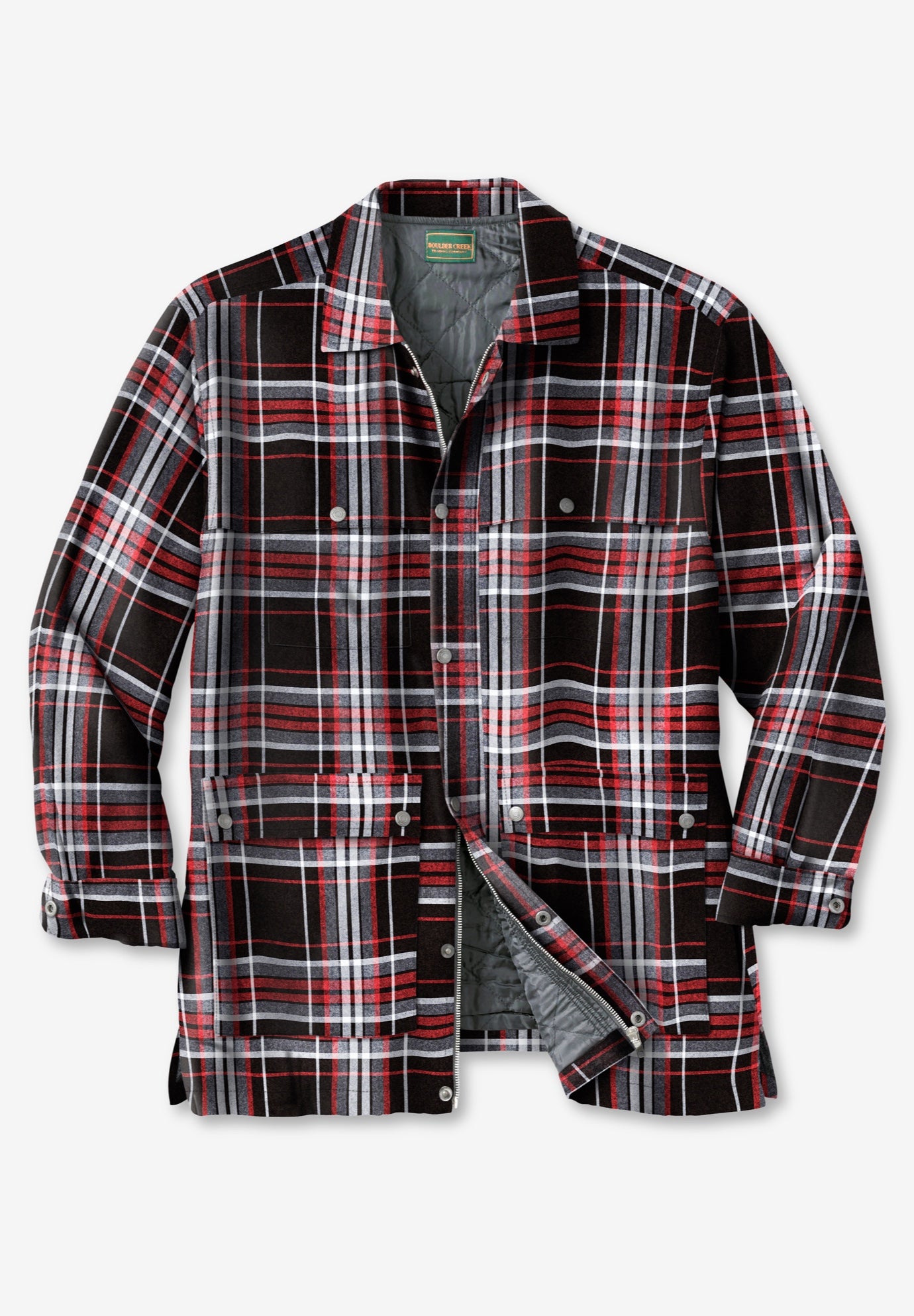 Renegade Flannel Shirt Jacket Full Zip Snap, Black Plaid | King Size