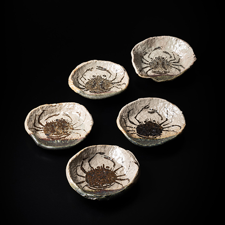 No.35 織部蟹絵文平向付 五客入 / A set of 5 dishes with crub design