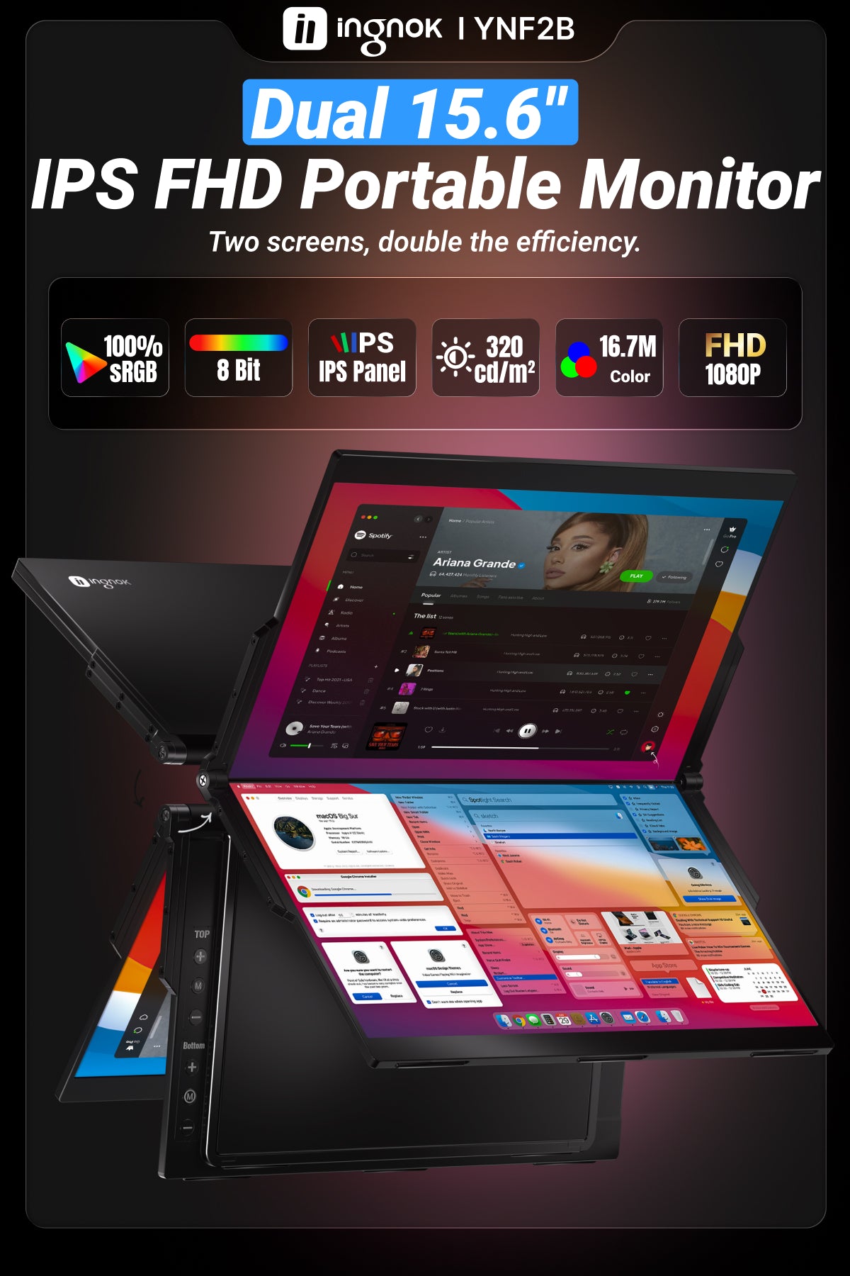 Ingnok デュアル モバイルモニター 15.6インチ FHD 折りたたみ式
