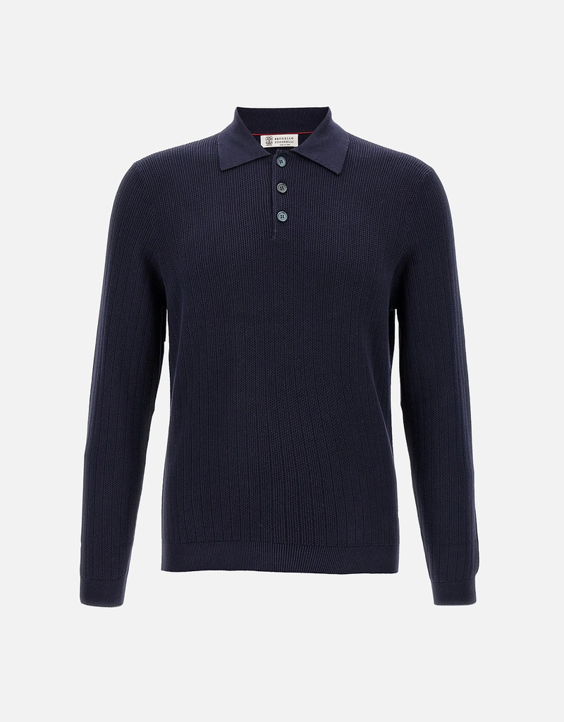 Brunello Cucinelli メンズ コットン リブニット ポロシャツ (すべての