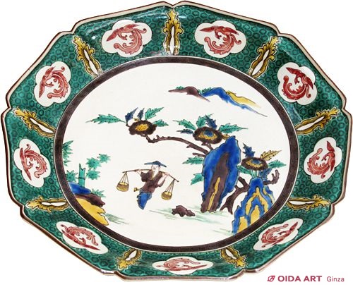 九谷焼 初代 徳田八十吉造 古赤絵 向附 八客 共箱 F R6573 九谷焼 初代