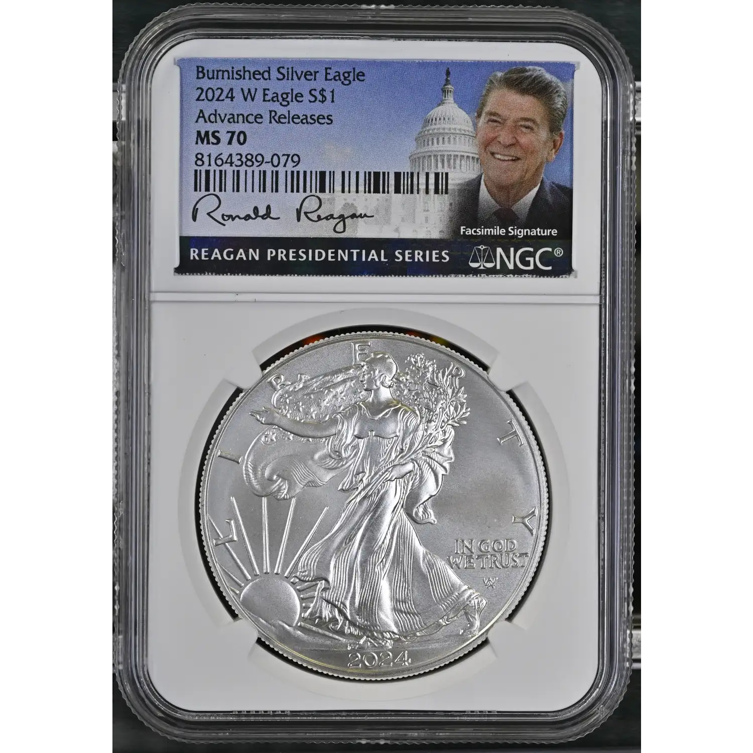 2024-W Silver Eagle NGC MS-70 Burnished Advance Releases Reagan