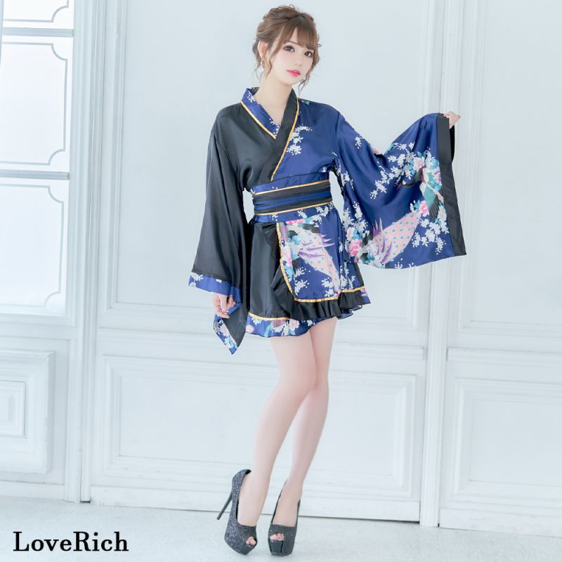 再入荷＆新色追加】ツートンカラー 花魁 フリル ミニ 着物ドレス 孔雀