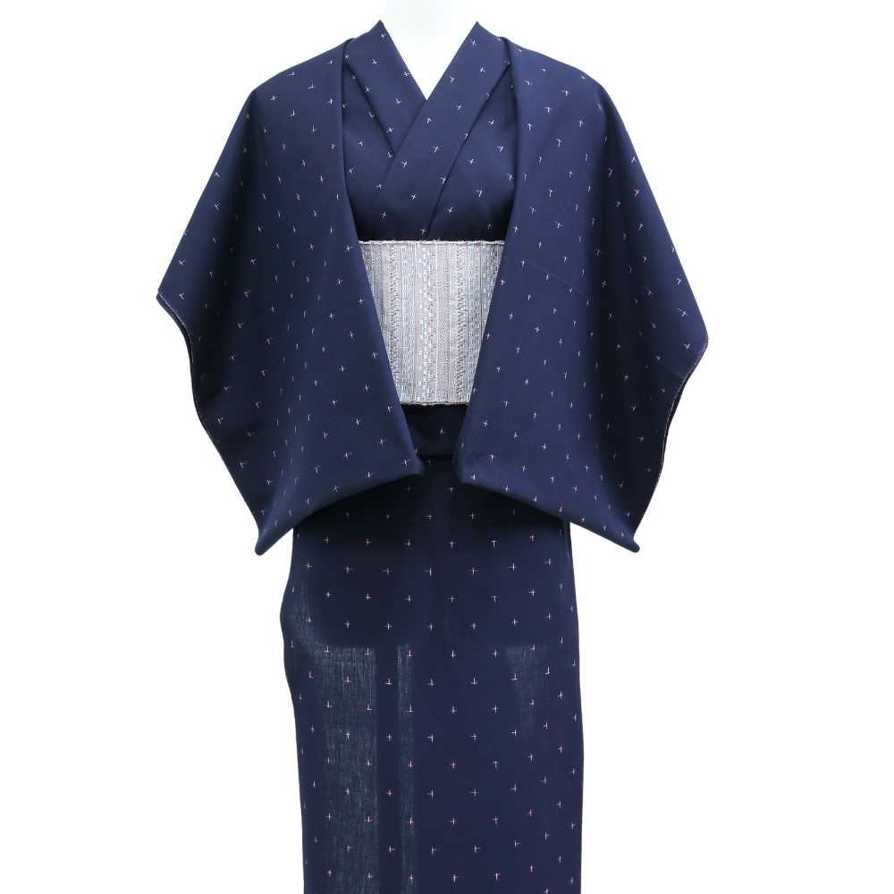 久留米絣｜野村織物「星雫絣」ネイビー×ピンク｜木綿着物 | 普段着