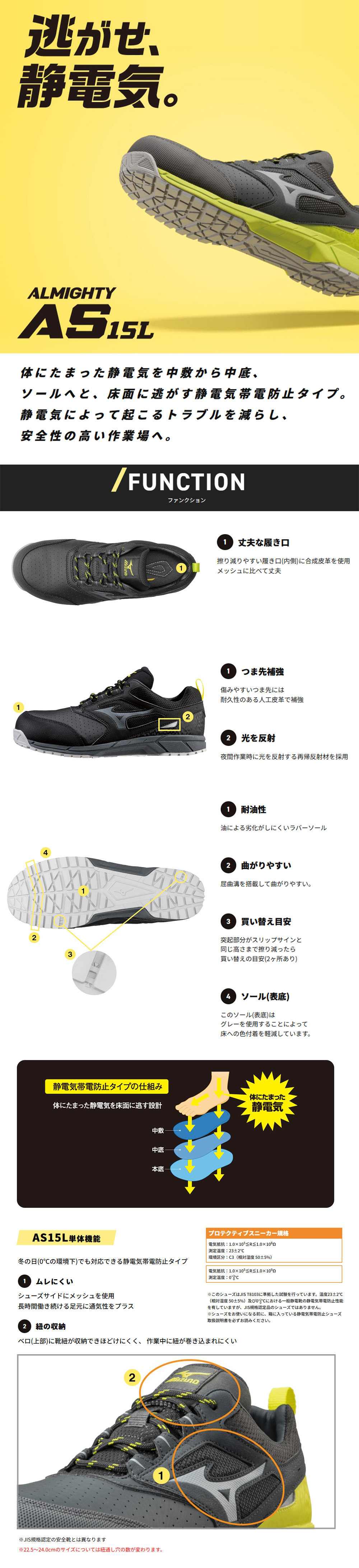 ミズノ 安全靴 オールマイティ AS15L 逃がせ、静電気。体にたまった