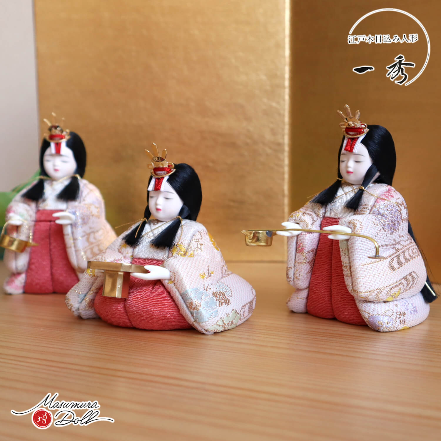 木村一秀作 安土雛 五人飾「福梅」二曲一双屏風 木製燭台 半円