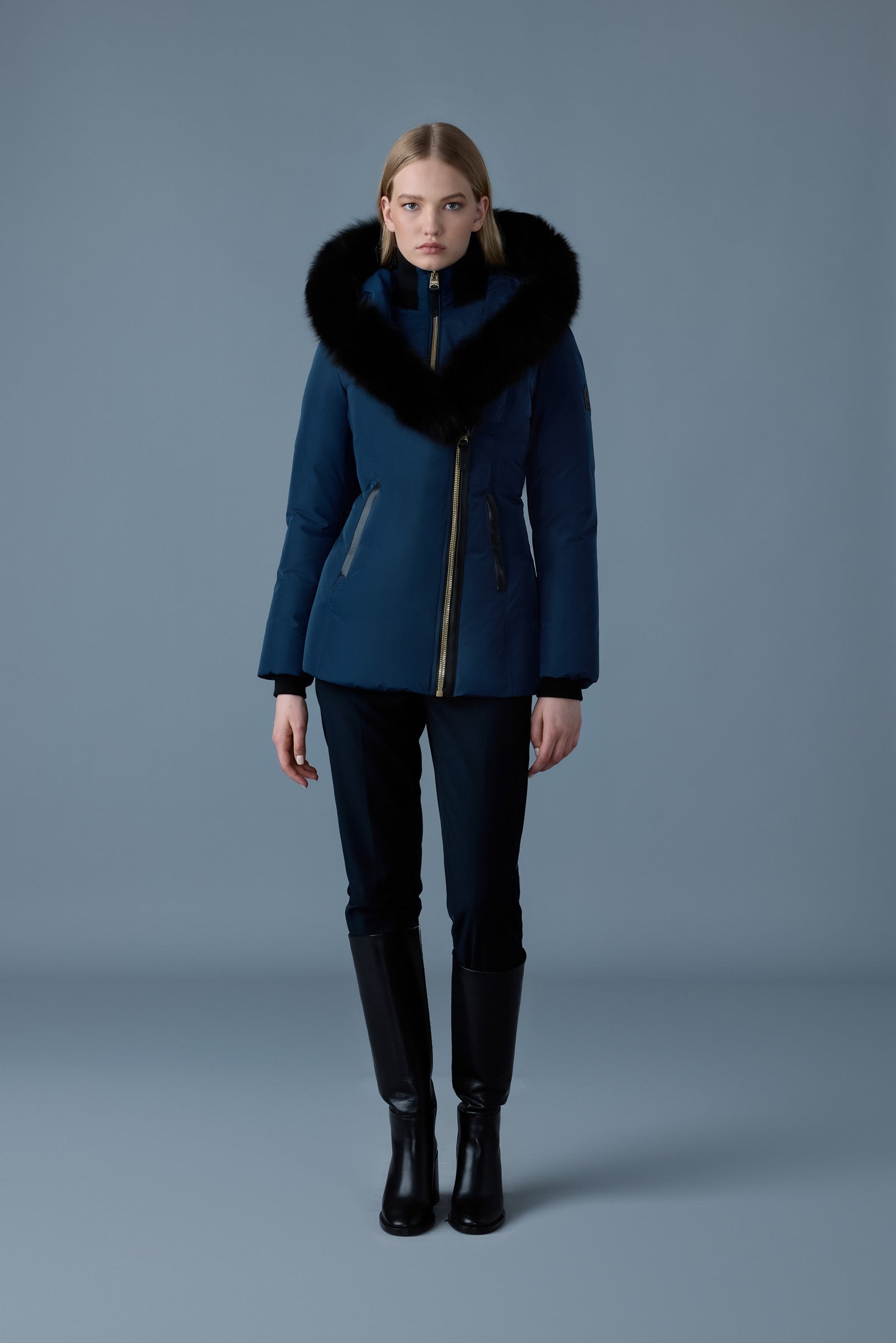 Adali-BX, Down coat with blue fox fur Signature Mackage Collar for