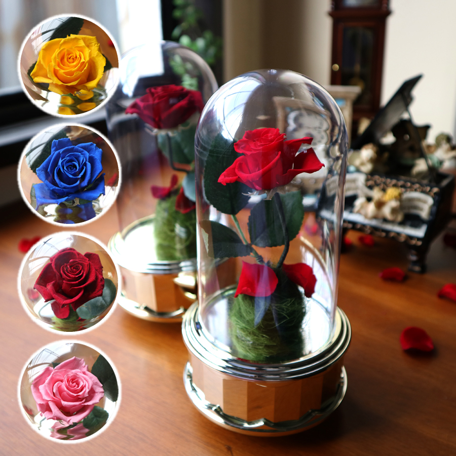 18弁】ローズドームオルゴール 好きな曲 美女と野獣 バラ 回転 ｜株式