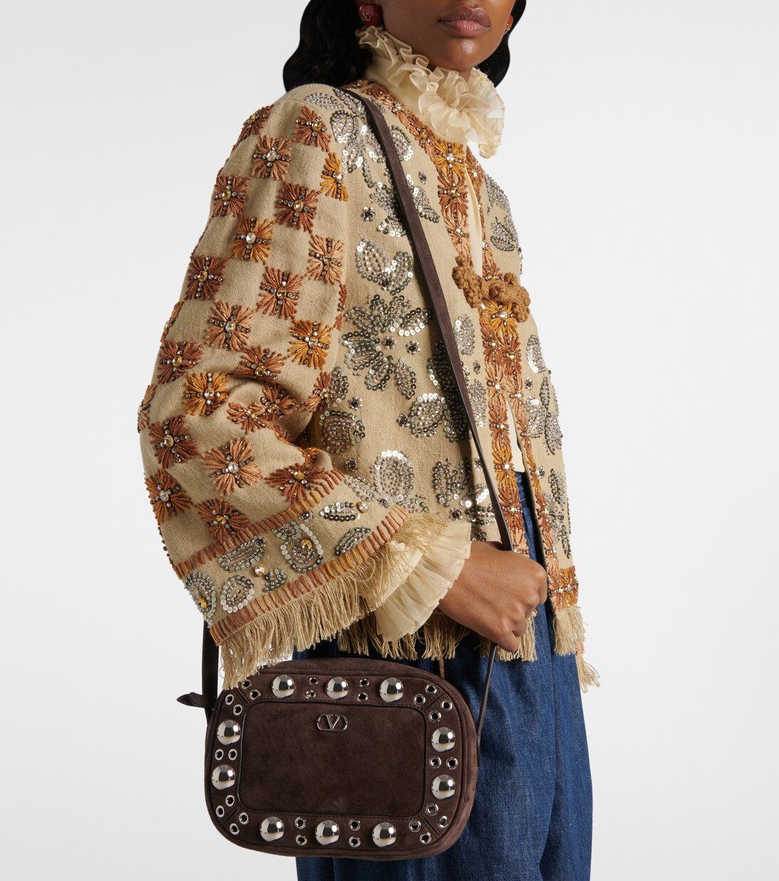 Nellcôte Small suede crossbody bag in brown - Valentino Garavani