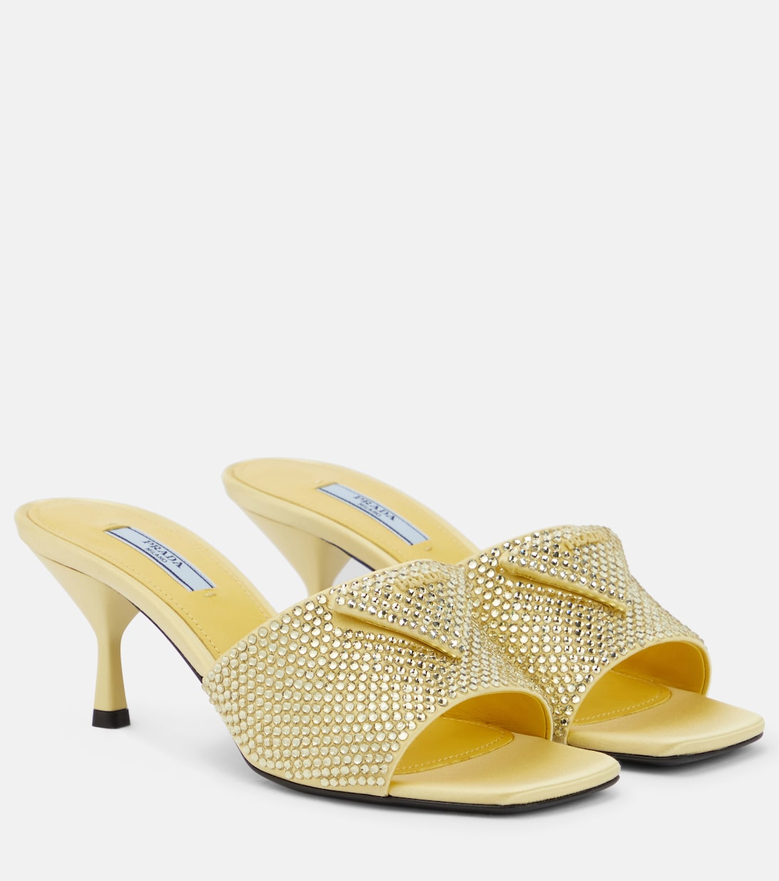 Crystal-embellished satin mules in yellow - Prada | Mytheresa