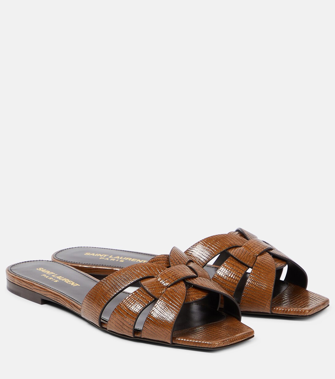 Tribute lizard-effect leather sandals in brown - Saint Laurent