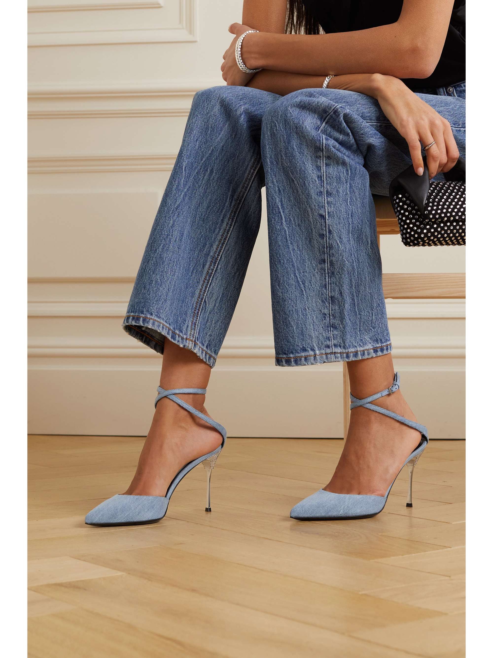 SERGIO ROSSI + AREA crystal-embellished denim pumps | NET-A-PORTER