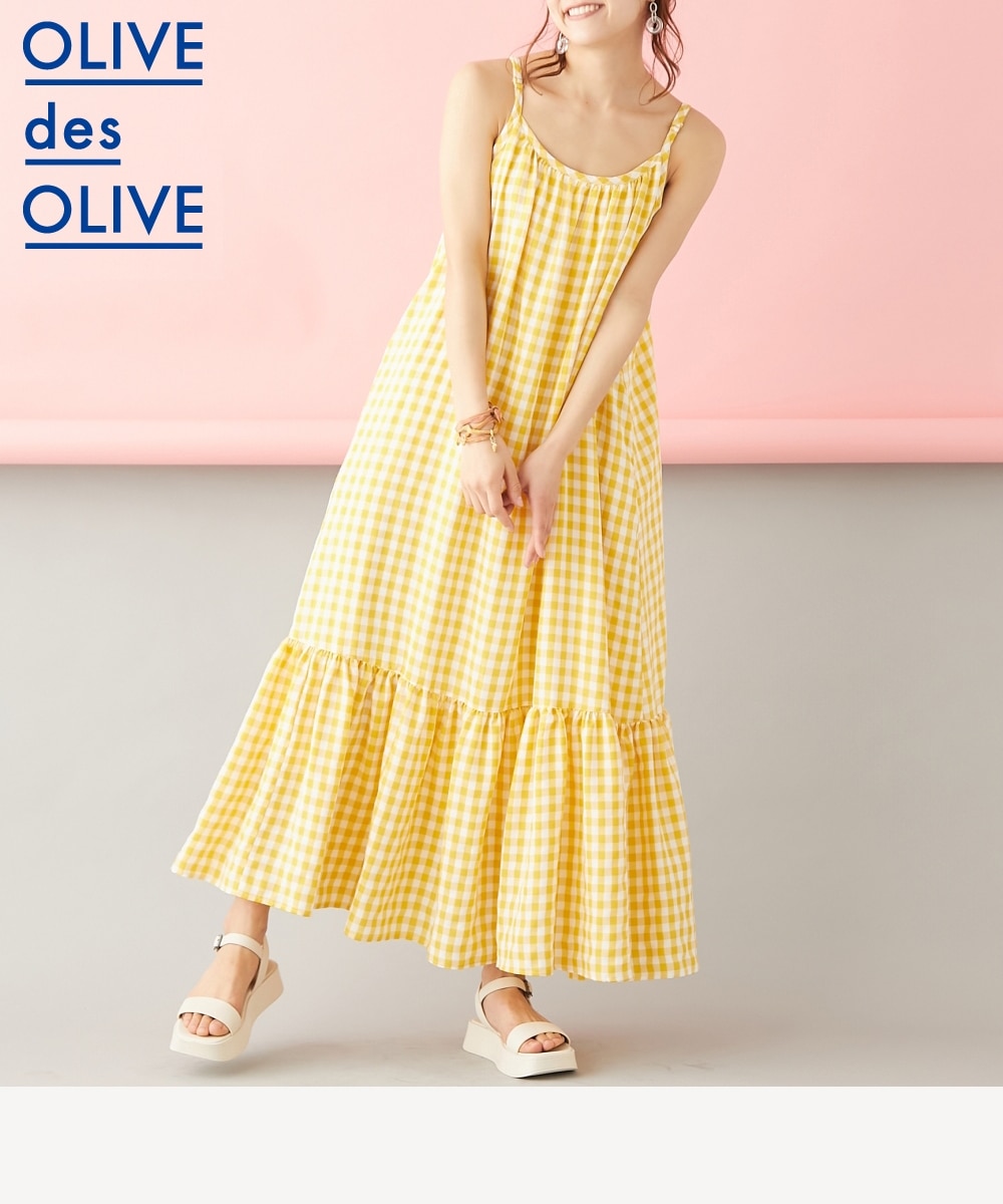 大きいサイズ ギンガムチェックキャミソールマキシワンピース オリーブ