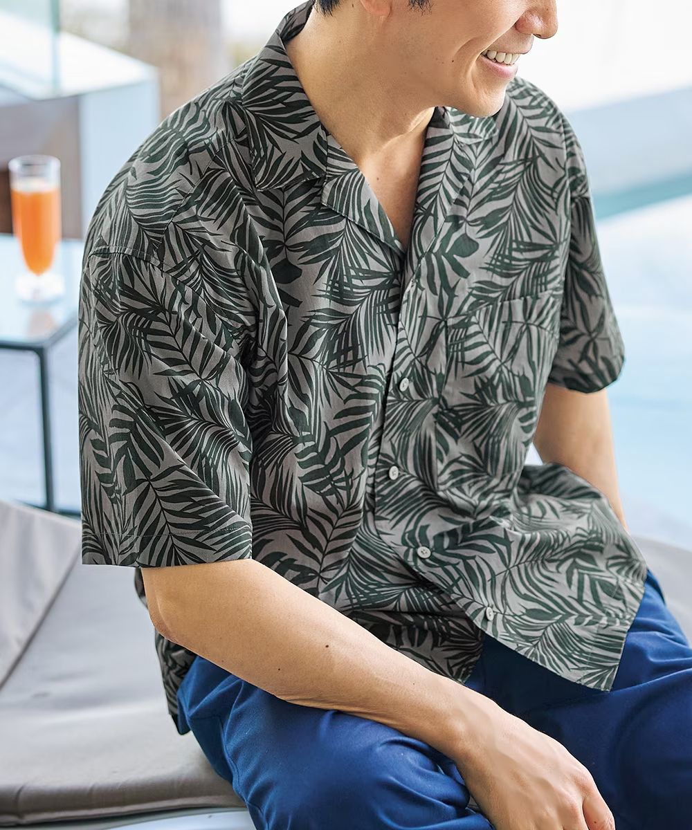 オーバーサイズ綿100％オープンカラー5分袖アロハシャツ