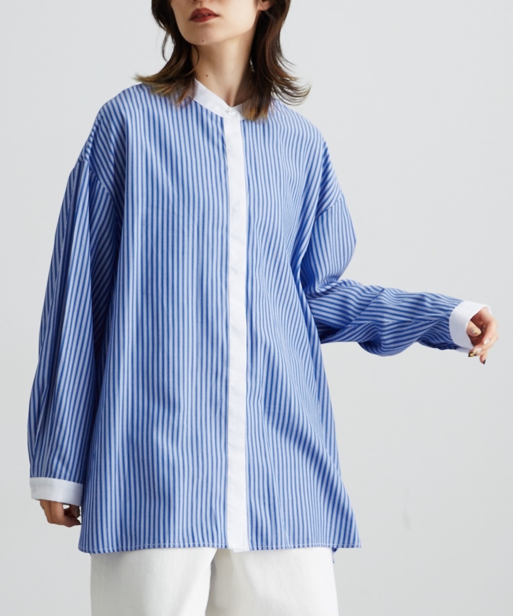 バンドカラーストライプロング丈シャツ ［Soiunique］ 通販【ニッセン】