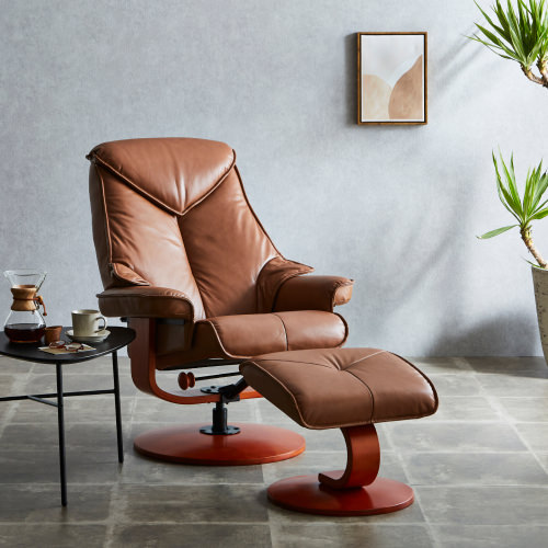 こだわりのデザイン 本革仕様 オットマン付きリクライニングチェア