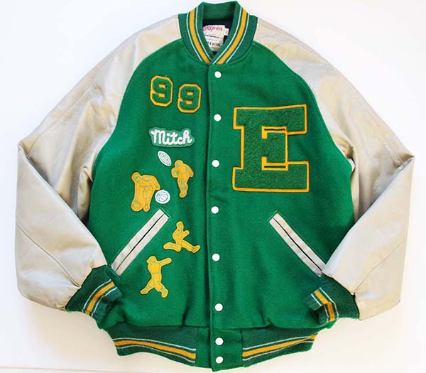 90s USA製 Ripon パッチ付き メルトン ウール 袖革スタジャン 緑 52