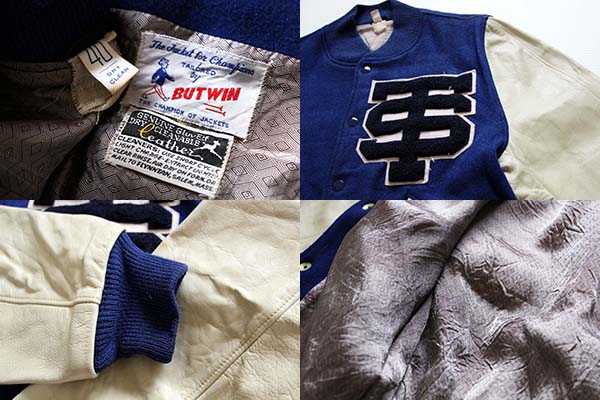 60s BUTWINバトウィン メルトン ウール 袖革スタジャン 青×白 40